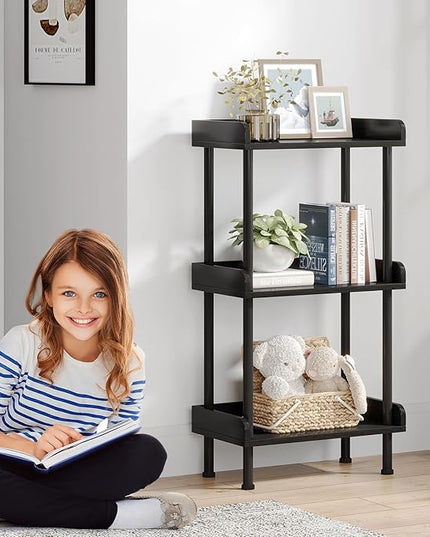Bookshelf Small Book Shelf - 3-Tier Wood Bookcase Industrial Bookshelf with Edge Protection Metal Standing Book Shelves Display Book Rack for Living Room Bedroom Home Office (Black) - LeafyLoom