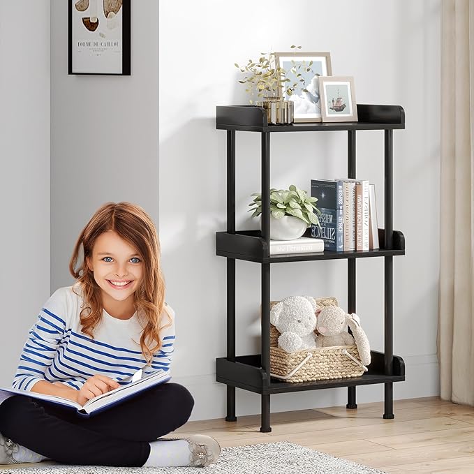 Bookshelf Small Book Shelf - 3-Tier Wood Bookcase Industrial Bookshelf with Edge Protection Metal Standing Book Shelves Display Book Rack for Living Room Bedroom Home Office (Black) - LeafyLoom