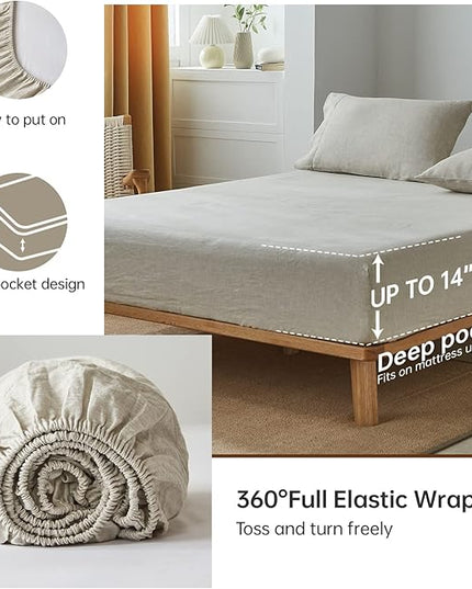 Simple&Opulence 100% Belgian Linen Sheet Set Handmade Hemstitch Linen Twin Size Bed Sheet-3 Piece (1 Flat Sheet+1 Fitted Sheet+1 Pillowcase)-Natural Flax Farmhouse Bedding - LeafyLoom