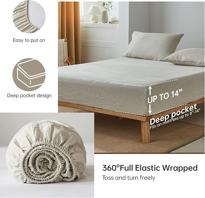 Simple&Opulence 100% Belgian Linen Sheet Set Handmade Hemstitch Linen Twin Size Bed Sheet-3 Piece (1 Flat Sheet+1 Fitted Sheet+1 Pillowcase)-Natural Flax Farmhouse Bedding - LeafyLoom