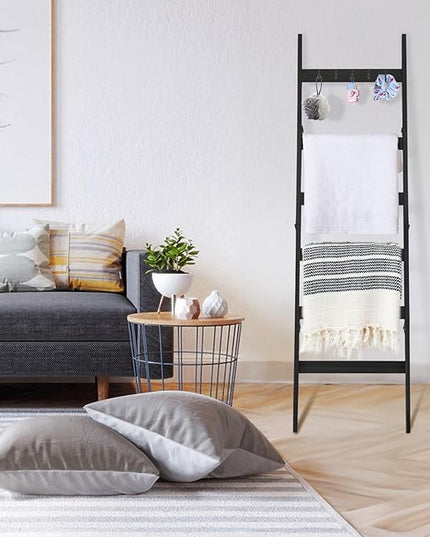 TEAKMAMA Blanket Ladder for Living Room and Bedroom, 5.4 Ft Wall Leaning Blanket Rack, Rustic Decorative Farmhouse Blanket Storage, Quilt Rack, Ladder Holder, Easy to Assemble (Black) - LeafyLoom
