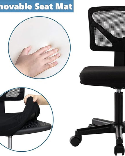 Armless Mesh Task Low Back Ergonomic Home Computer Rolling Swivel for Small Spaces, Height Adjustable, Black - LeafyLoom