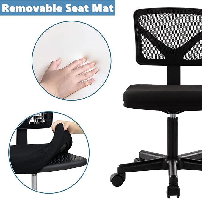 Armless Mesh Task Low Back Ergonomic Home Computer Rolling Swivel for Small Spaces, Height Adjustable, Black - LeafyLoom