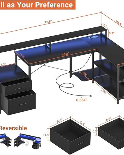Aheaplus L Shaped Desk with File Drawer, 72.8" Reversible L Shaped Computer Desk with Power Outlet & LED Strip, Gaming Desk with Long Monitor Stand, Office Desk Corner Desk with Storage Shelf, Black - LeafyLoom