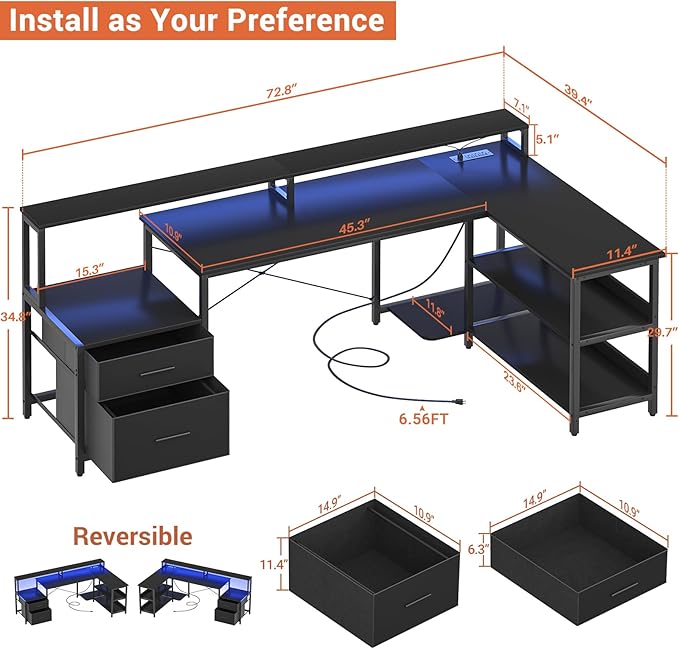 Aheaplus L Shaped Desk with File Drawer, 72.8" Reversible L Shaped Computer Desk with Power Outlet & LED Strip, Gaming Desk with Long Monitor Stand, Office Desk Corner Desk with Storage Shelf, Black - LeafyLoom