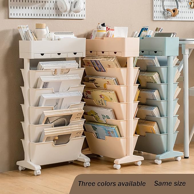 6 Tier Rolling Cart,Open Bookcase and Bookshelf,Mobile Bookshelf with Wheels 3 Drawer,Storage Shelving Display Shelves,Narrow Rolling Storage Cart for Living Room, Bedroom, Kitchen(Blue) - LeafyLoom