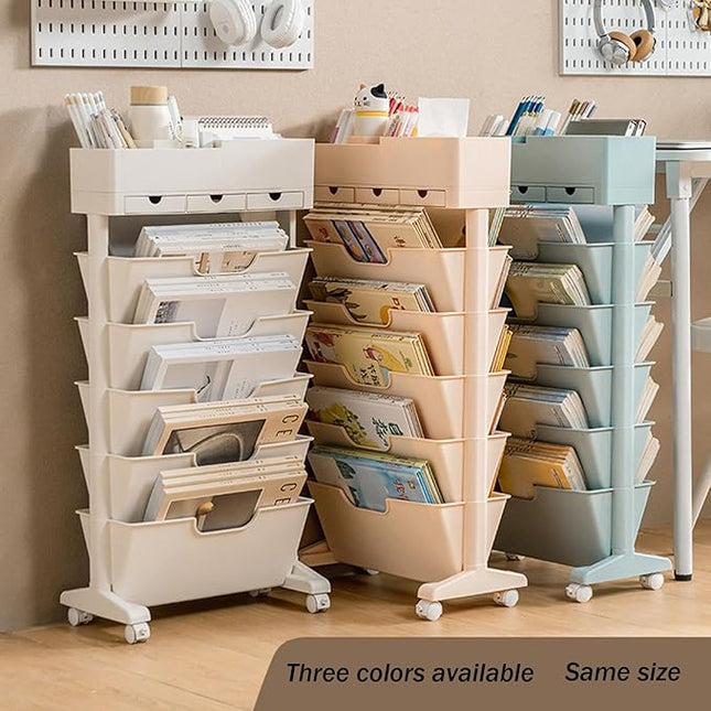 6 Tier Rolling Cart,Open Bookcase and Bookshelf,Mobile Bookshelf with Wheels 3 Drawer,Storage Shelving Display Shelves,Narrow Rolling Storage Cart for Living Room, Bedroom, Kitchen (Pink) - LeafyLoom