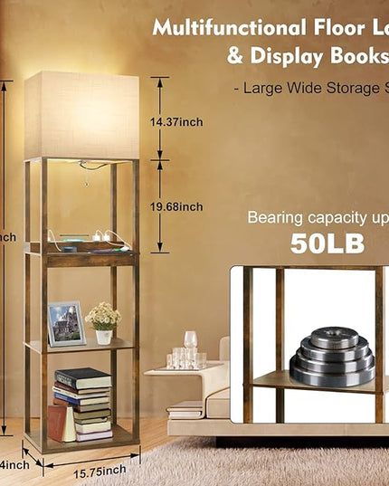 RUNTOP Floor Lamp with Shelves, Plus Shelf Lamp with Wireless Charger, 2 USB Port and Outlet, 1 Drawer, 15W LED Bulb, 3 Colors, Memory Function, Floor Lamps for Living Room, Standing Lamp for Bedroom - LeafyLoom