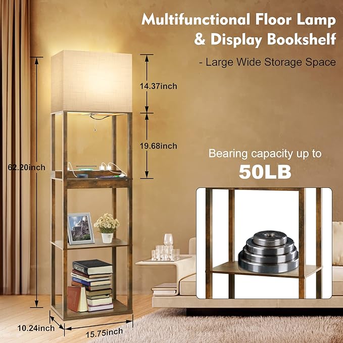 RUNTOP Floor Lamp with Shelves, Plus Shelf Lamp with Wireless Charger, 2 USB Port and Outlet, 1 Drawer, 15W LED Bulb, 3 Colors, Memory Function, Floor Lamps for Living Room, Standing Lamp for Bedroom - LeafyLoom