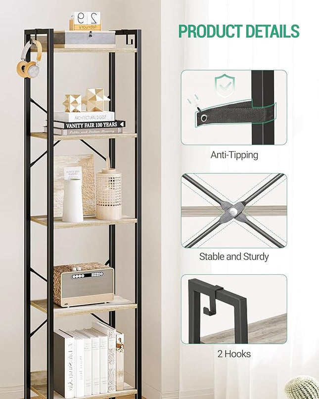 Bookshelf, Book Shelf, Industrial Bookcase with 2 Hooks, Coner Shelf Storage Organizer for Home Office, Living Room, Bedroom, Kitchen, 5-Tier Greige BC10505B - LeafyLoom