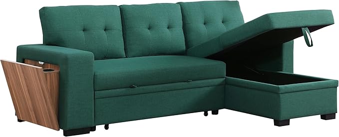 L Shaped Pull Out Couch with Storage Chaise & 3 Removable Back Cushions,Linen Upholstered Sectional Sleeper Sofa Bed W/Side Open Cup Holder & USB Port for Living Room,Office,Green,92" - LeafyLoom