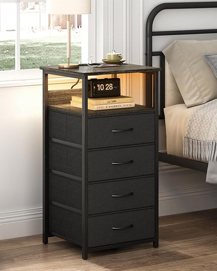 Fixwal Dressers for Bedroom Night Stand with Charging Station, LED Tall Nightstand with USB Ports and Outlets, 4 Fabric Storage Drawers with PU Finish, Small Dresser Bed Side Table, Charcoal Gray - LeafyLoom