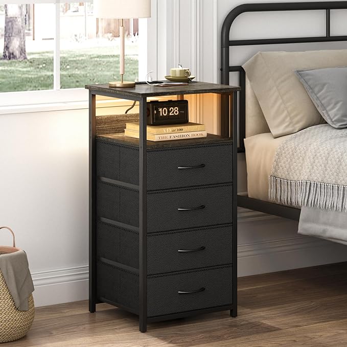 Fixwal Dressers for Bedroom Night Stand with Charging Station, LED Tall Nightstand with USB Ports and Outlets, 4 Fabric Storage Drawers with PU Finish, Small Dresser Bed Side Table, Charcoal Gray - LeafyLoom