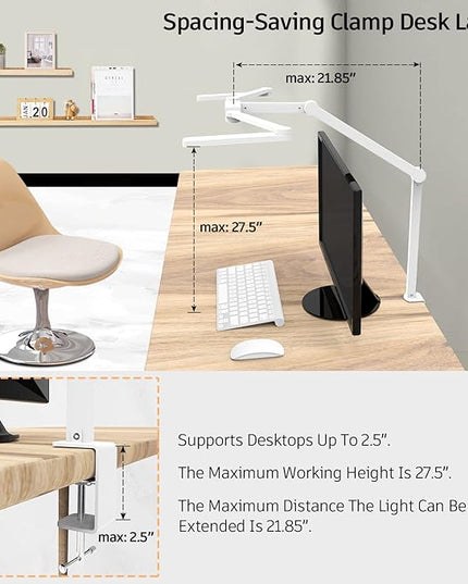 Transformable LED Desk Lamp, 41.5" Large Architect Desk Lamp with Clamp, White Computer Desk Light for Home Office, 24W Ultra Bright Auto Dimming Office Lighting Table Light for Crafting - LeafyLoom