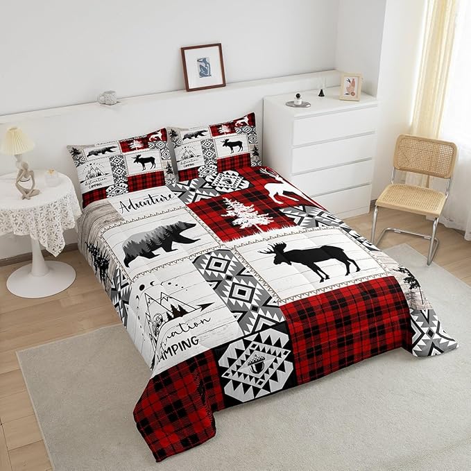 Deer Antlers Bear Kids Comforter Set Twin Size,Plaids Aztec Arrows Patchwork Bedding Set for Boys Girls Adults Room Decor,Rustic Adventure Xmas Down Comforter,Red Retro Duvet Insert,1 Pillowcase - LeafyLoom