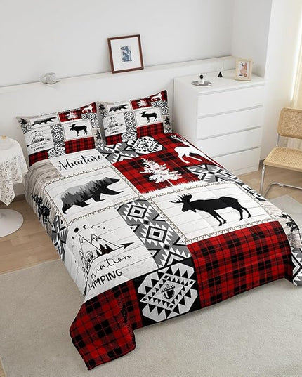Deer Antlers Bear Kids Comforter Set King Size,Plaids Aztec Arrows Patchwork Bedding Set for Boys Girls Adults Room Decor,Rustic Adventure Xmas Down Comforter,Red Retro Duvet Insert,2 Pillowcases - LeafyLoom