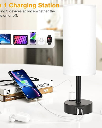 White Bedroom Lamps Set of 2-3 Way Dimmable Touch Table Lamps with USB C and A Ports, Bedside Lamps for Nightstand with AC Outlet, Small Desk Lamps with Black Base for Office Hotel - LeafyLoom