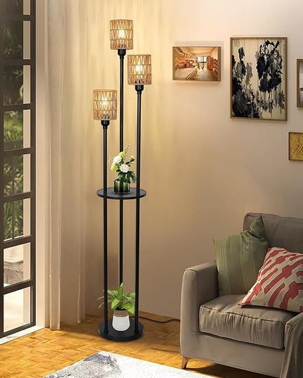 Dimmable Boho Floor Lamps for Living Room, 3-Lights Farmhouse Floor Lamp with 3-Way Foot Switch, Rattan Floor Lamp with Shelves, Rustic Standing Lamp with Rattan Shades, Tall Lamps for Bedroom - LeafyLoom