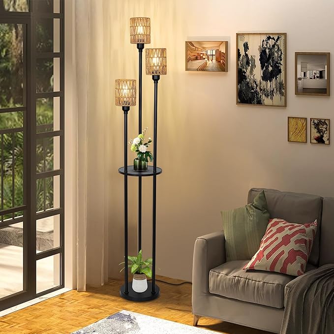 Dimmable Boho Floor Lamps for Living Room, 3-Lights Farmhouse Floor Lamp with 3-Way Foot Switch, Rattan Floor Lamp with Shelves, Rustic Standing Lamp with Rattan Shades, Tall Lamps for Bedroom - LeafyLoom