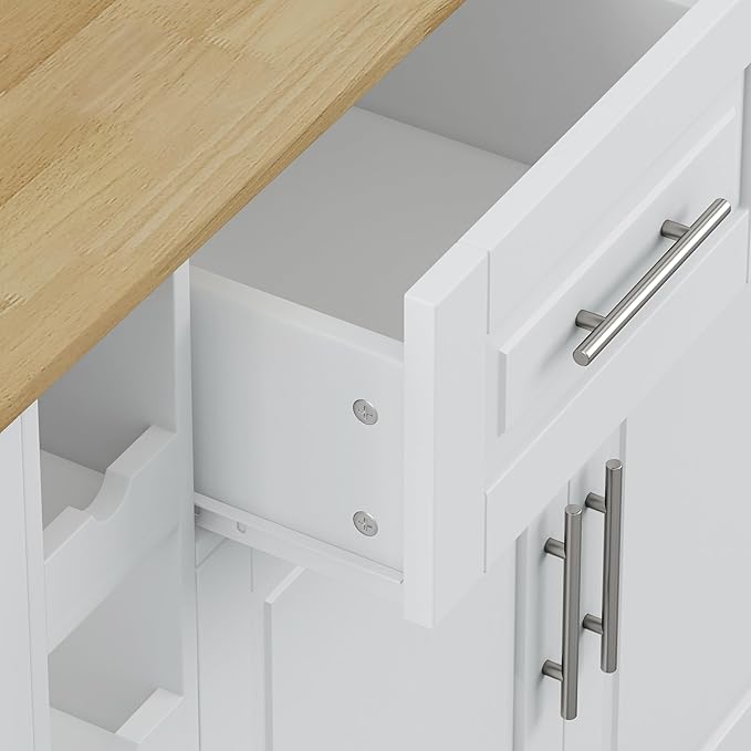 Multi-Functional Kitchen Island Mobile Cart with 2 Door Cabinet,Two Drawers,Spice-Rack,Towel Holder,Wine-Rack,Foldable Rubberwood Table Top,for Dining Room Bar,White - LeafyLoom