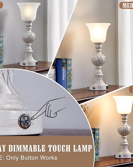 Luvkczc Touch Lamps for Living Room Set of 2, 3-Way Bedside Lamps with Glass Lampshade for Bedroom Living Room Farmhouse Office, Rustic Resin Classic Table Lamps Washed White - LeafyLoom