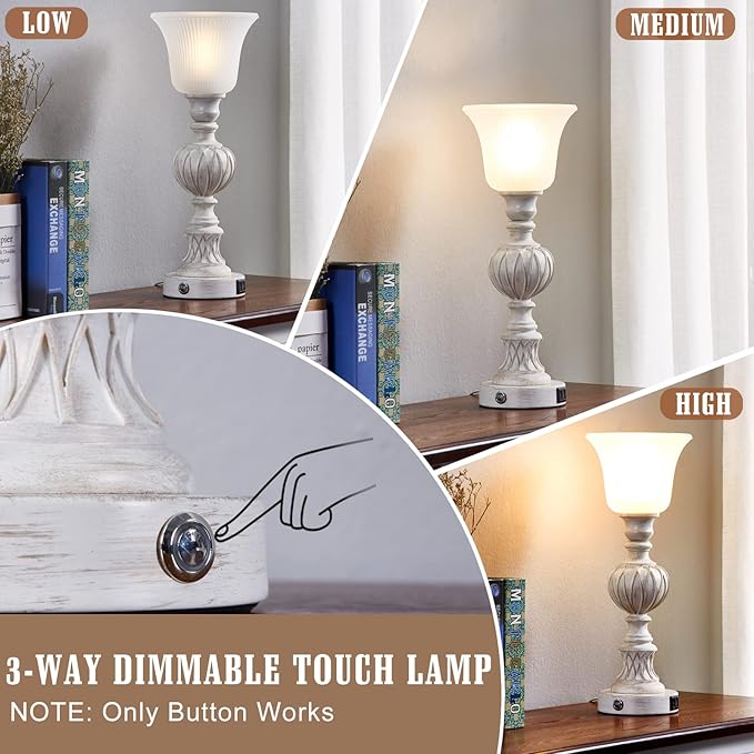 Luvkczc Touch Lamps for Living Room Set of 2, 3-Way Bedside Lamps with Glass Lampshade for Bedroom Living Room Farmhouse Office, Rustic Resin Classic Table Lamps Washed White - LeafyLoom