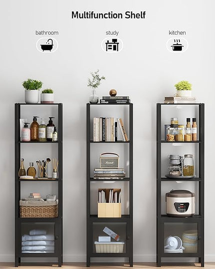 TUTOTAK 5 Tier Bookcase and Bookshelf, Narrow Book shelf with Door for Small Space, for Living Room, Office, Study, Entryway, Black BS03BK005 - LeafyLoom