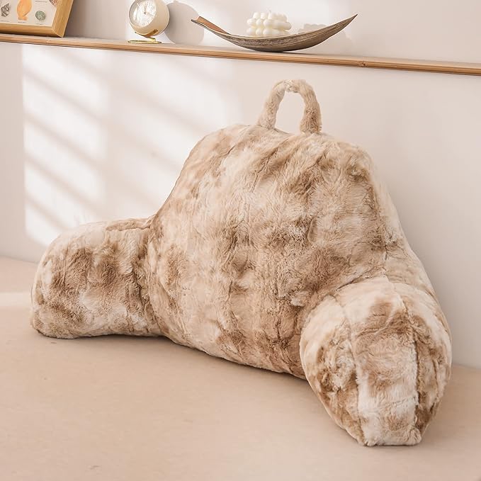 A Nice Night Faux Fur Reading Pillow Bed Wedge Large Adult Children Backrest with Arms Back Support for Sitting Up in Bed/Couch for Bedrest, Tie dyed Khaki - LeafyLoom