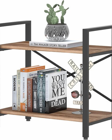 BON AUGURE Small Bookshelf for Small Space, Industrial 2 Tier Wood Metal Bookcase, Rustic Short Book Shelf for Living Room, Bedroom and Office (Vintage Oak) - LeafyLoom