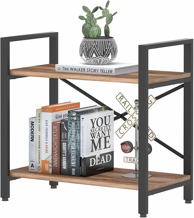 BON AUGURE Small Bookshelf for Small Space, Industrial 2 Tier Wood Metal Bookcase, Rustic Short Book Shelf for Living Room, Bedroom and Office (Vintage Oak) - LeafyLoom