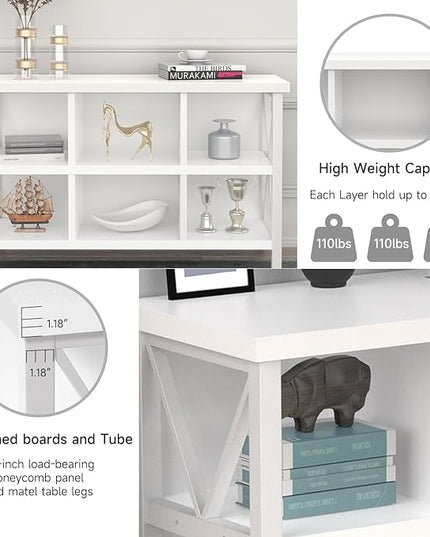 6 Cube Storage Organizer with Shelf, 3 Tier Metal and Wood Open Book Shelf, Long Wide Office Cubby Bookcase with Storage, Industrial Horizontal Bookshelf (White, 47 Inch) - LeafyLoom