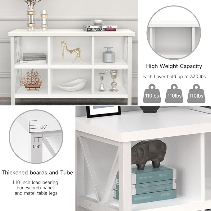 6 Cube Storage Organizer with Shelf, 3 Tier Metal and Wood Open Book Shelf, Long Wide Office Cubby Bookcase with Storage, Industrial Horizontal Bookshelf (White, 47 Inch) - LeafyLoom