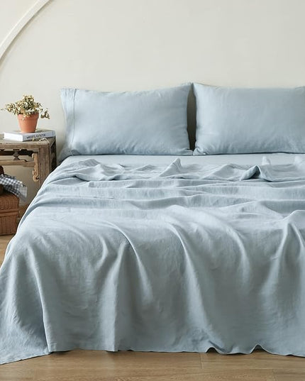 Simple&Opulence 100% Washed Linen Sheet Set-Queen Size-Natural France Flax Bed Sheet-4 Pcs Breathable,Ultra Soft,Farmhouse Bedding (1 Flat Sheet,1 Fitted Sheet,2 Pillowcases)-Embroidery Dusty Blue - LeafyLoom