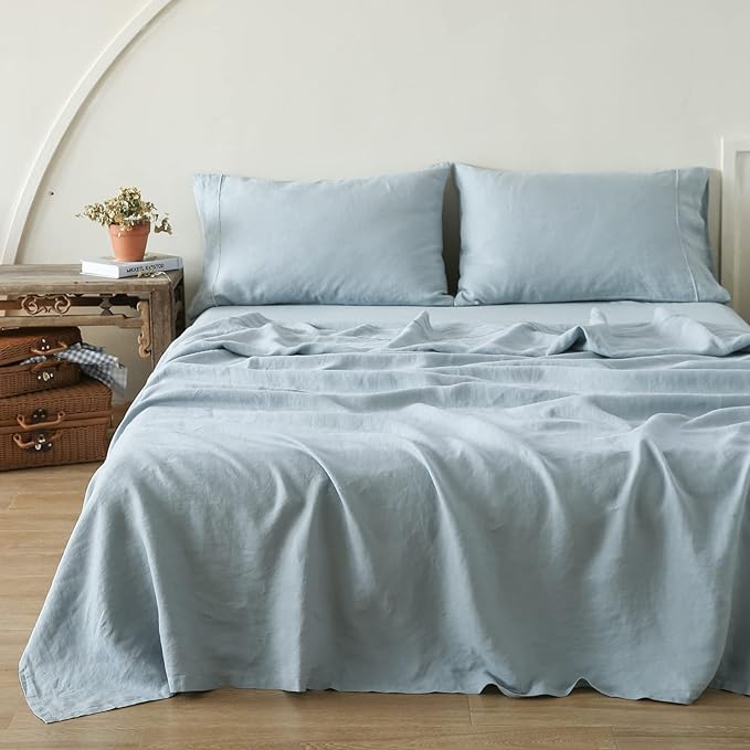 Simple&Opulence 100% Washed Linen Sheet Set-Queen Size-Natural France Flax Bed Sheet-4 Pcs Breathable,Ultra Soft,Farmhouse Bedding (1 Flat Sheet,1 Fitted Sheet,2 Pillowcases)-Embroidery Dusty Blue - LeafyLoom