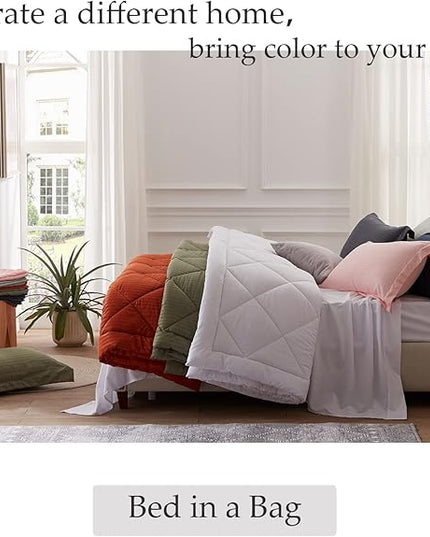 NexHome Queen Comforter Set, 7-Pieces Olive Green Bed in a Bag Queen Size Reversible Comforter All Season Soft Bedding Sets with Comforter, Flat Sheet, Fitted Sheet, Pillowcases & Shams - LeafyLoom