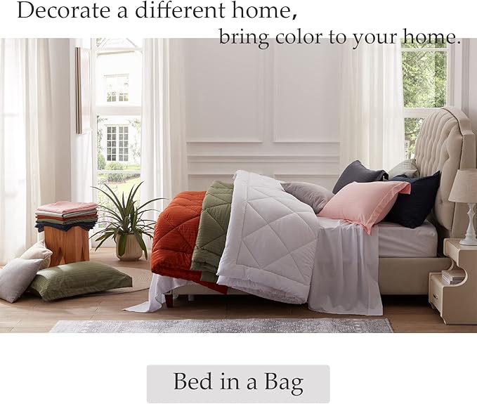 NexHome Queen Comforter Set, 7-Pieces Olive Green Bed in a Bag Queen Size Reversible Comforter All Season Soft Bedding Sets with Comforter, Flat Sheet, Fitted Sheet, Pillowcases & Shams - LeafyLoom