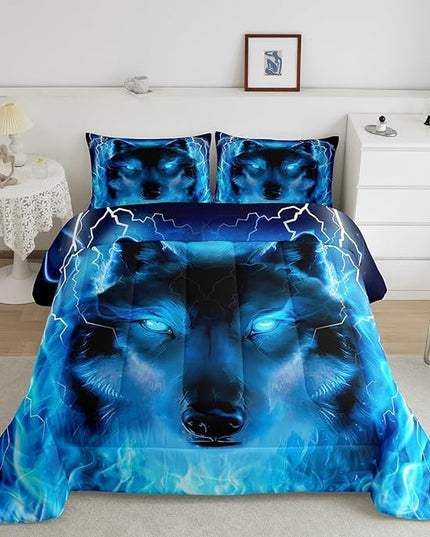 Feelyou Wolf Bedding Set Safari Animal Pattern Comforter Cool Wildlife Style Comforter Set for Boys Girls Kids Room Decor Glitter Blue Wild Wolf Lightweight Duvet Set King Size with 2 Pillow Case - LeafyLoom
