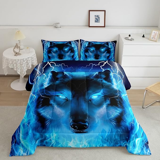 Wolf Bedding Set Safari Animal Pattern Comforter Cool Wildlife Style Comforter Set for Boys Girls Kids Room Decor Glitter Blue Wild Wolf Lightweight Duvet Set Full Size with 2 Pillow Case - LeafyLoom