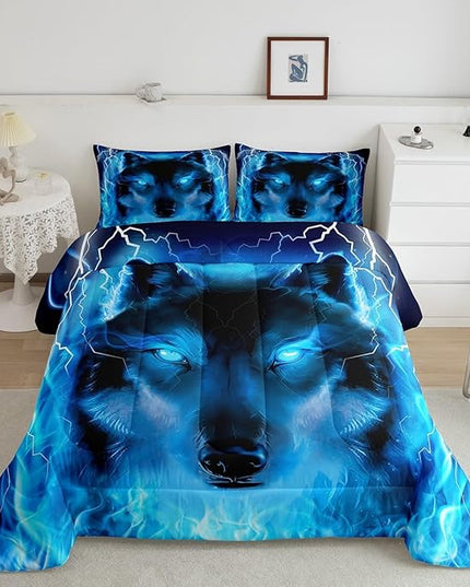 Feelyou Wolf Bedding Set Safari Animal Pattern Comforter Cool Wildlife Style Comforter Set for Boys Girls Kids Room Decor Glitter Blue Wild Wolf Lightweight Duvet Set Twin Size with 1 Pillow Case - LeafyLoom