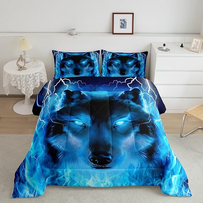 Feelyou Wolf Bedding Set Safari Animal Pattern Comforter Cool Wildlife Style Comforter Set for Boys Girls Kids Room Decor Glitter Blue Wild Wolf Lightweight Duvet Set Twin Size with 1 Pillow Case - LeafyLoom