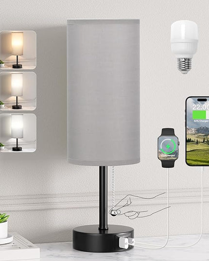Grey Table Bedside Lamp for Bedroom Nightstand- Small Lamp with USB A + C Charging Port, 3 Color Temperatures Pull Chain Night Stand Light with Bulb, Side Table Desk Reading Lamp for Living Room - LeafyLoom
