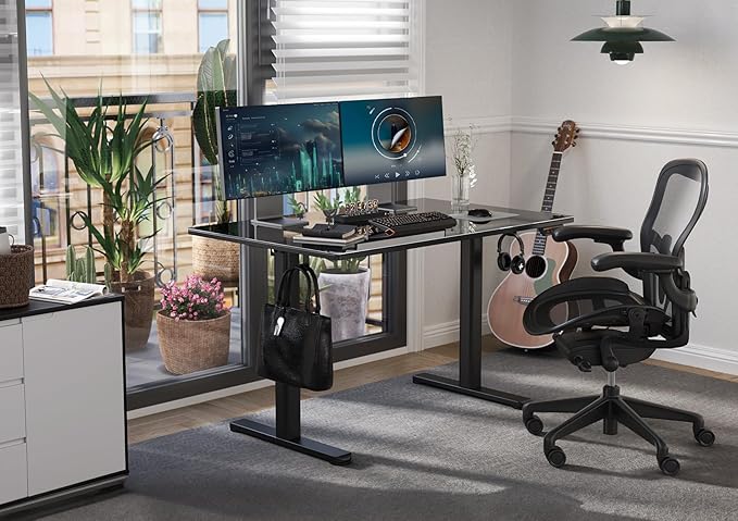 Glass Standing Desk, Electric Standing Desk Adjustable Height, 48 Inch Adjustable Stand Up Desk, Quick Install Home Office Computer Desk, Black - LeafyLoom