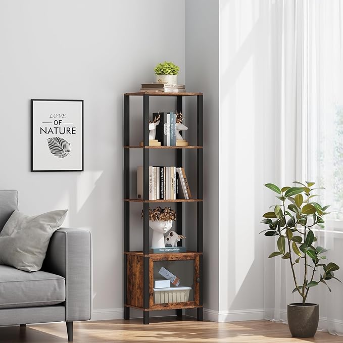 TUTOTAK 5 Tier Bookcase and Bookshelf, Narrow Book shelf with Door for Small Space, for Living Room, Office, Study, Entryway, Brown BS03BB005 - LeafyLoom