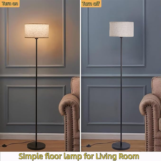 Modern Simple Floor Lamp Design with White Shade, Foot Pedal Switch, Minimalism floor Lamp for Living Room Bedroom Office Dining Room Kitchen, Black Pole Lamp (with Bulb) - LeafyLoom
