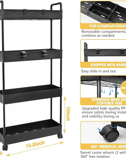 Arogan Slim Rolling Storage Cart with Wheels, 4 Tier Bathroom Storage Cart Laundry Room Organizer, Rolling Utility Cart for Kitchen, Bathroom, Laundry Room, Office, Narrow Place(Black) - LeafyLoom