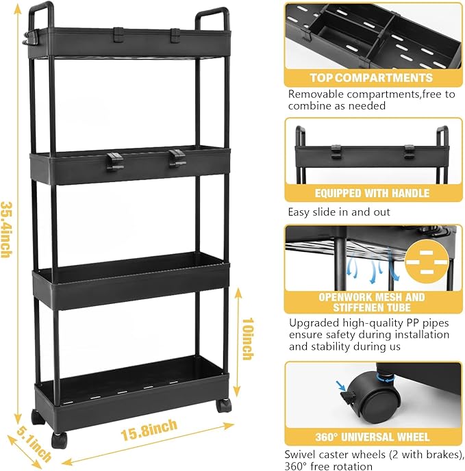 Arogan Slim Rolling Storage Cart with Wheels, 4 Tier Bathroom Storage Cart Laundry Room Organizer, Rolling Utility Cart for Kitchen, Bathroom, Laundry Room, Office, Narrow Place(Black) - LeafyLoom
