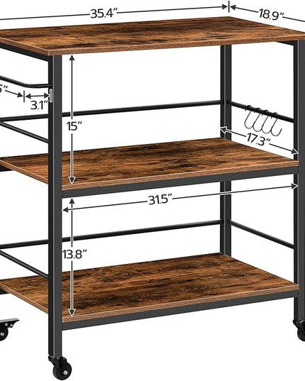 Kitchen Island with Storage,Industrial Kitchen Counter with Hooks and Side Enclosures, 3 Tier Kitchen Cart with Large Workstation, Saving Space, Easy Assembly, Rustic Brown and Black BF03ZD01 - LeafyLoom