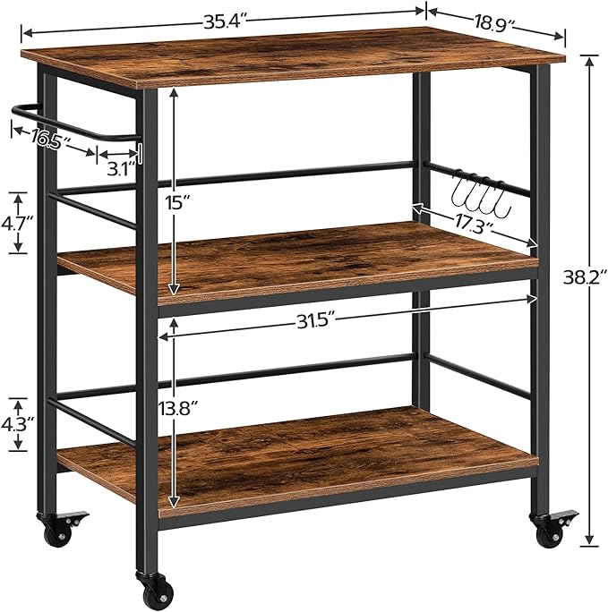 Kitchen Island with Storage,Industrial Kitchen Counter with Hooks and Side Enclosures, 3 Tier Kitchen Cart with Large Workstation, Saving Space, Easy Assembly, Rustic Brown and Black BF03ZD01 - LeafyLoom