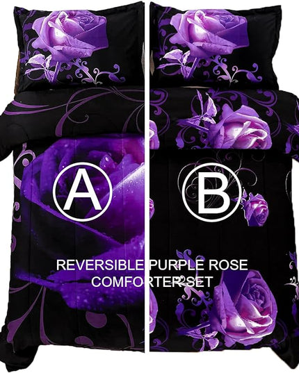 WONGS BEDDING Purple Comforter Set King Reversible Purple Rose Pattern Bedding Comforter with 2 Pillowcases for All Seasons, Soft Microfiber Filling Bedding 103"x90" - LeafyLoom