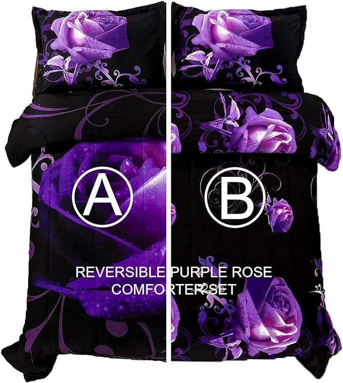 WONGS BEDDING Purple Comforter Set Queen Reversible Purple Rose Pattern Bedding Comforter with 2 Pillowcases for All Seasons, Soft Microfiber Filling Bedding Set 90"x90" - LeafyLoom